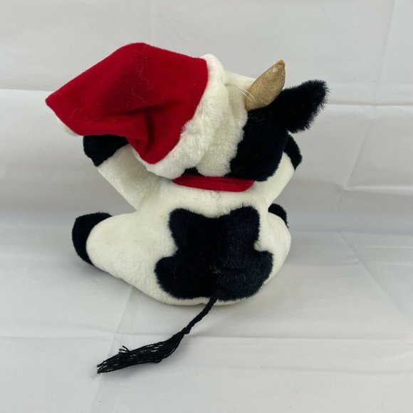 Black & White Cow 10" Plush Stuffed Animal Gold Horns Red Christmas Hat Scarf - Picture 3 of 5